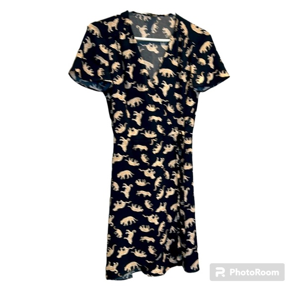 J.Crew Navy Leopard Cat Print Short Sleeve A-Line Wrap Dress Size 2 Tie Waist - Picture 3 of 16